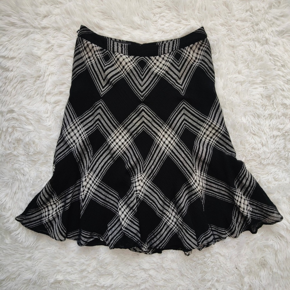 Jones New York Y2K Plaid Wool Blend Flounce Skirt Black White Midi Lined 10‎